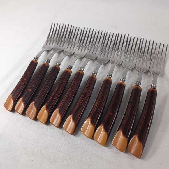 Vintage Glo-Hill Faux Antler Forks 10 Set Faux Wood Stainless Steel Cutlery - Picture 2 of 10